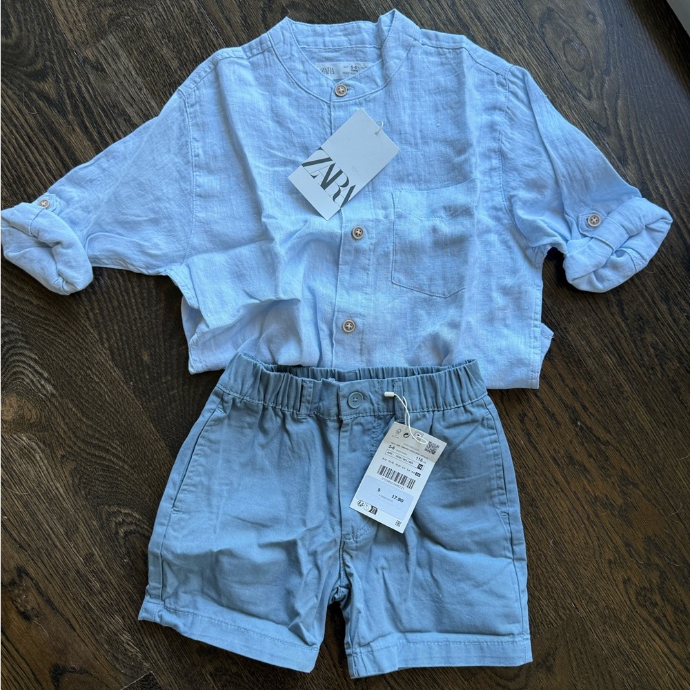 Zara Kids Sky Blue Linen Button-Down Shirt & Shorts Set size 5-6